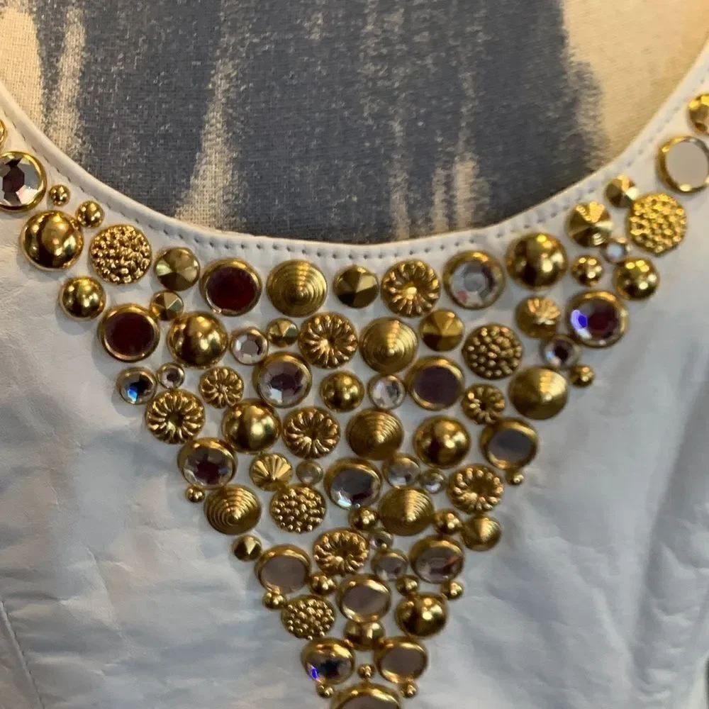 Dangerous Threads Women's 8 white leather with gold bead neck thin strap dress - Picture 3 of 16